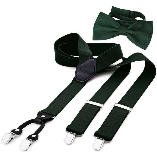 DonDon Herren 3,5 cm breiter Hosenträger in Y-Form elastisch und verstellbar im 2er Set mit farblich passender Fliege 12 x 6 cm Grün