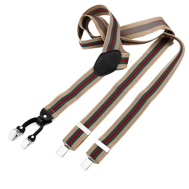 DonDon® Herren Hosenträger breit 3,5 cm - 4 Clips mit Leder in Y-Form - elastisch und längenverstellbar beige grün rot