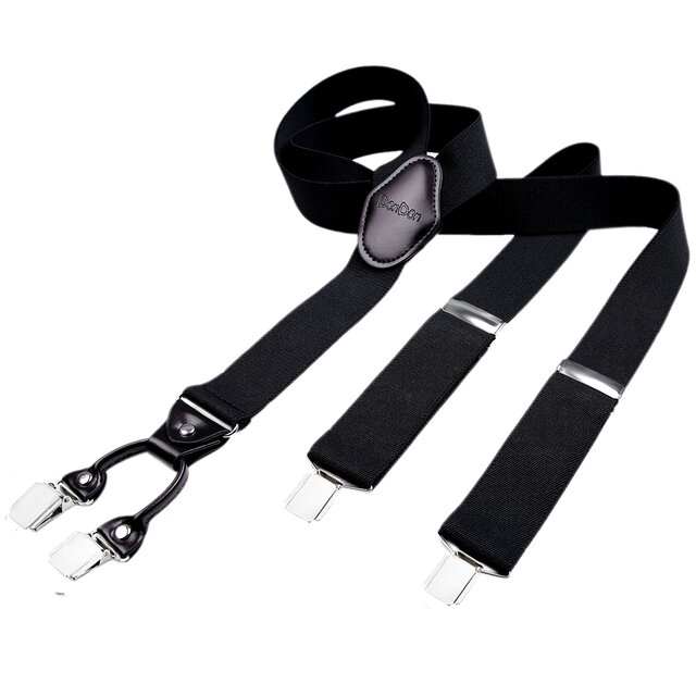 DonDon Herren Hosenträger 3,5 cm breit 4 Clips mit braunem Leder in Y-Form elastisch und längenverstellbar - schwarz