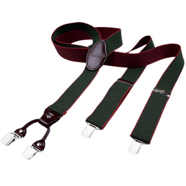 DonDon Herren Hosenträger 3,5 cm breit 4 Clips mit braunem Leder in Y-Form elastisch und längenverstellbar - dunkelgrün