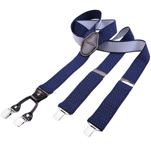 DonDon Herren Hosenträger 3,5 cm breit 4 Clips mit braunem Leder in Y-Form elastisch und längenverstellbar - dunkelblau weiß gepunktet
