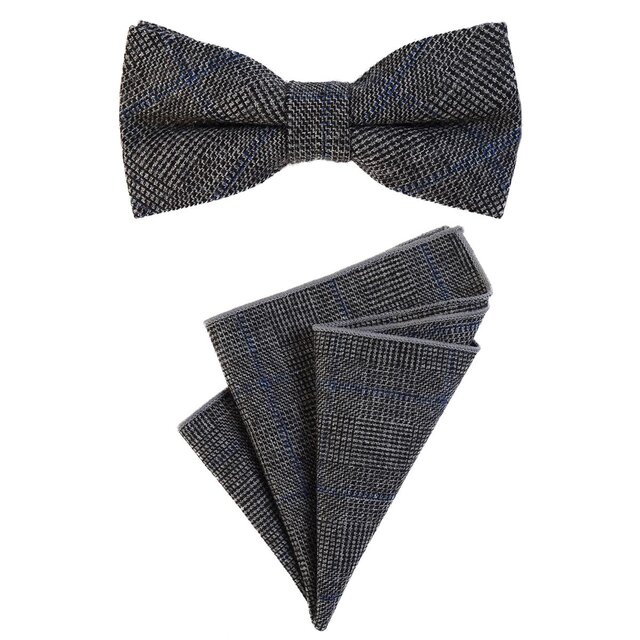 DonDon Herren Fliege 12 x 6 cm mit farblich passendem Einstecktuch 23 x 23 cm beides aus Baumwolle im Tweed Look blau-schwarz-grau kariert