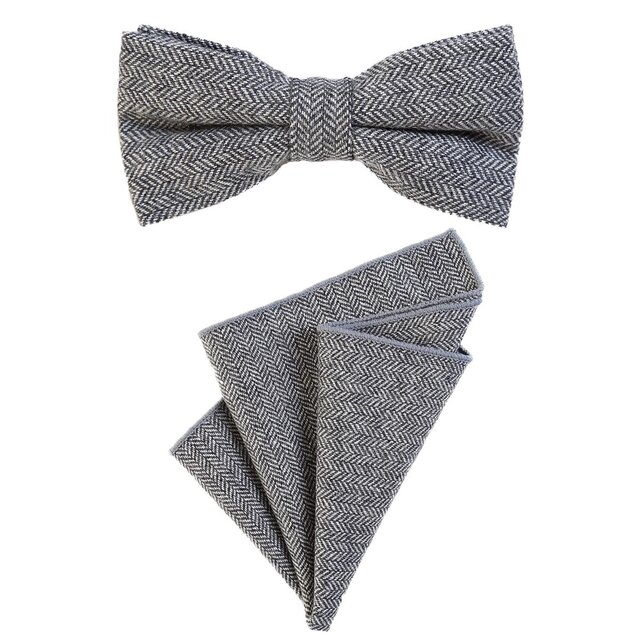DonDon Herren Fliege 12 x 6 cm mit farblich passendem Einstecktuch 23 x 23 cm beides aus Baumwolle im Tweed Look grau kariert