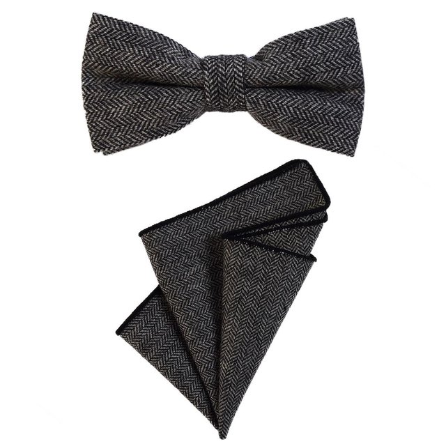 DonDon Herren Fliege 12 x 6 cm mit farblich passendem Einstecktuch 23 x 23 cm beides aus Baumwolle im Tweed Look schwarz grau kariert