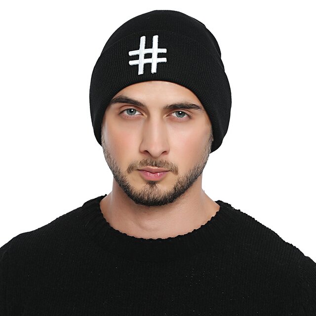 DonDon Herren stylische schwarze Mtze Winter Beanie Hashtag