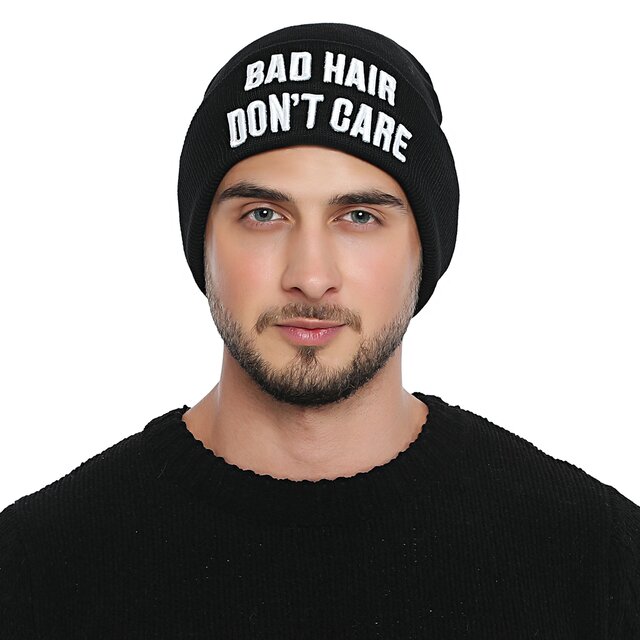 DonDon Herren stylische schwarze Mütze Winter Beanie BAD HAIR DONT CARE