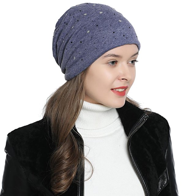 Damen Wintermütze gefüttert Slouch Beanie - Sterne und schwarzer Strass blau