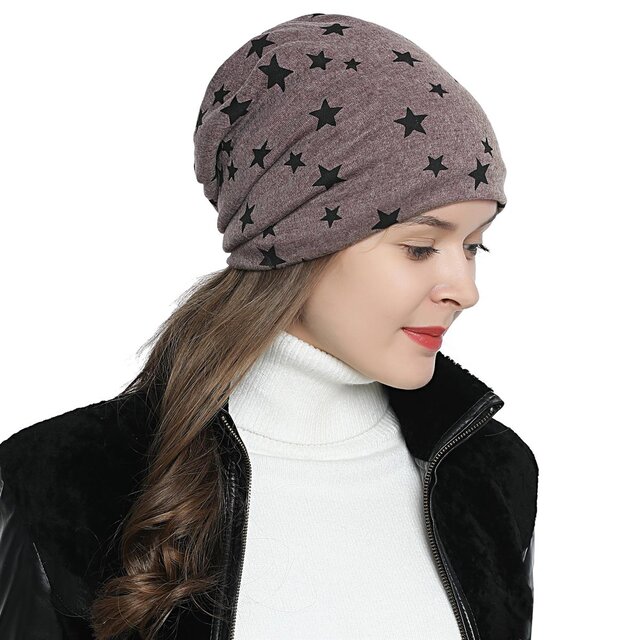 Damen Wintermütze gefüttert Slouch Beanie - mit Sternen-Print braun
