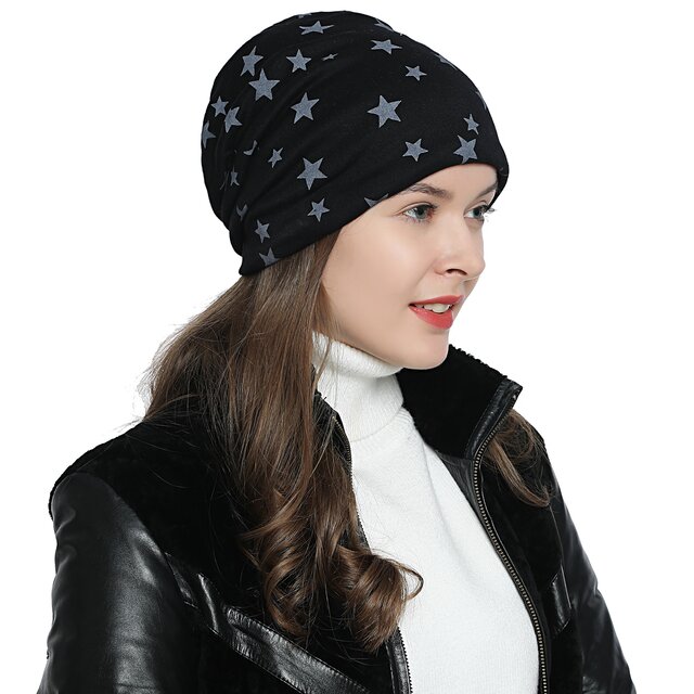 Damen Wintermütze gefüttert Slouch Beanie - mit Sternen-Print schwarz