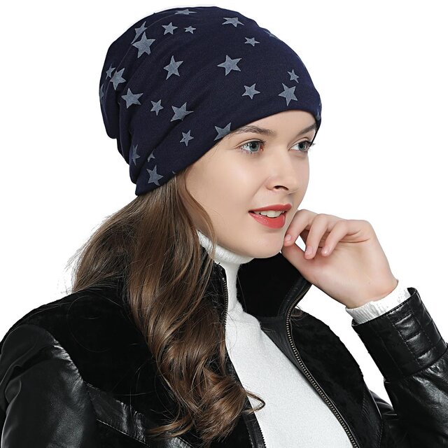 Damen Wintermütze gefüttert Slouch Beanie - mit Sternen-Print dunkelblau