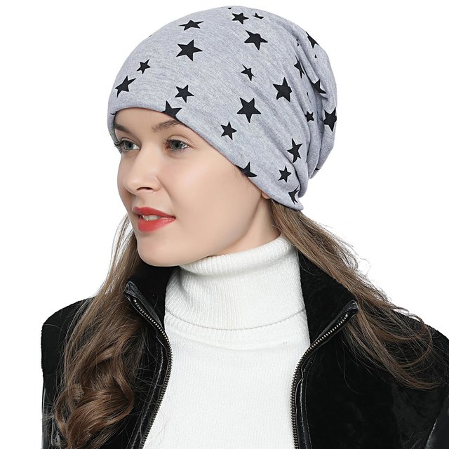 Damen Wintermütze gefüttert Slouch Beanie - mit Sternen-Print hellgrau