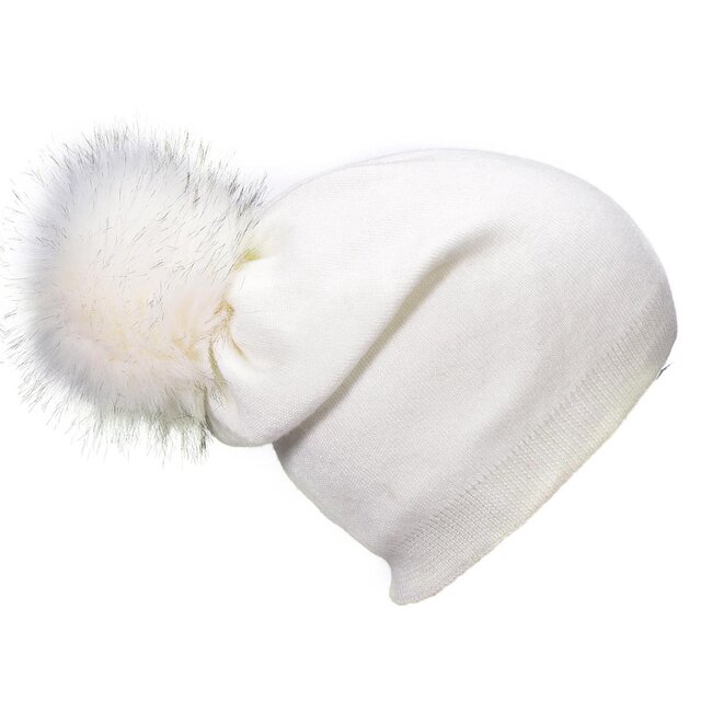 Damen Winter Bommelmütze mit abnehmbaren Bommel zum Wechseln - weiß