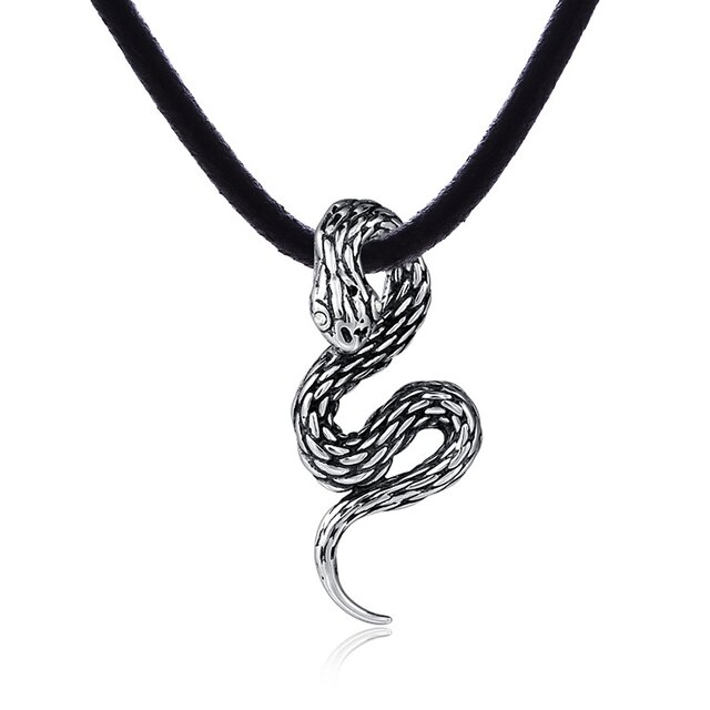 DonDon Herren Halskette Leder 50 cm und Schlangen Anhänger aus Edelstahl in einem Samtbeutel