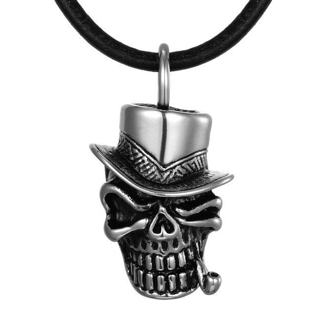 DonDon Herren Lederkette Leder Halskette 50 cm mit Edelstahl Anhnger Zylinder-Totenkopf mit Pfeifen