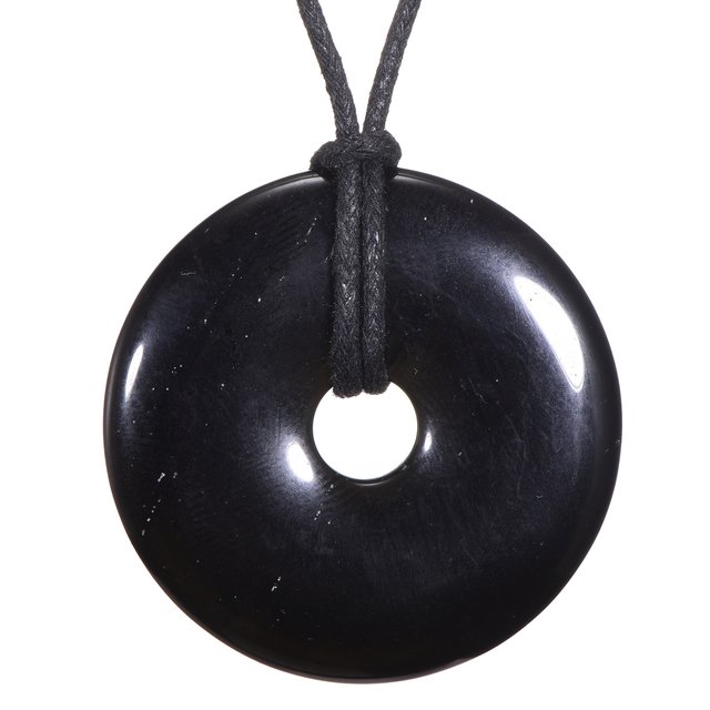 Morella Damen Halskette 80 cm Donut Edelstein Anhänger schwarzer Obsidian im Samtbeutel
