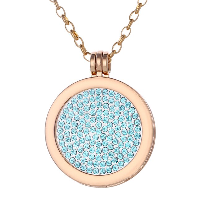 Morella Damen Halskette gold 70 cm Edelstahl mit Amulett und Coin 33 mm Glitzersteine hellblau in Schmuckbeutel